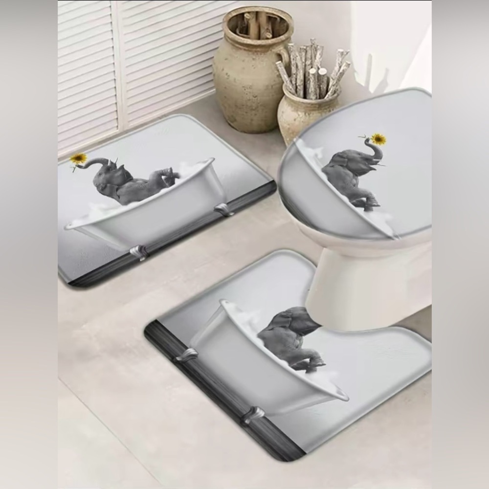 Elephant & The Sunflower Bathroom Rug Set 3 Piece:Toilet Cover•U Shaped rug•Mat